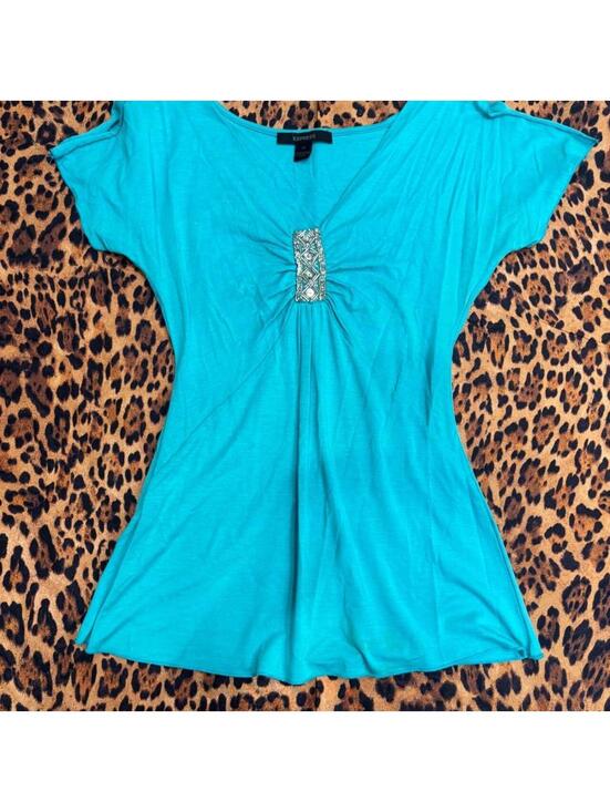 Express Tops - Y2K babydoll top with bling turquoise
